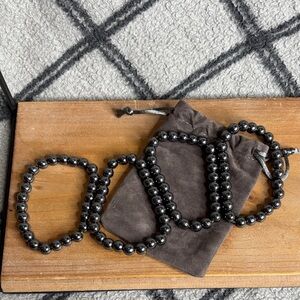 4 Black Magnetic Hematite Stone Stretchable Band Beaded Bracelets Set